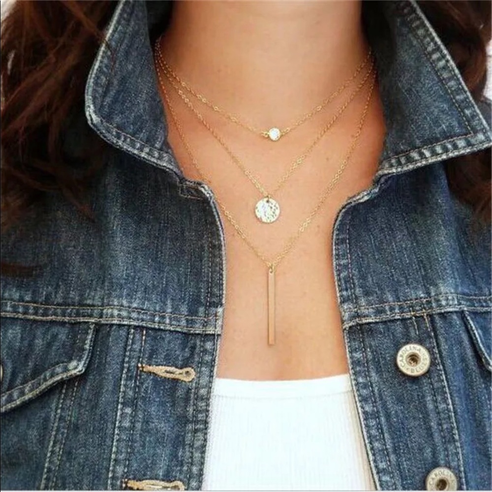3-Layer Crystal, Coin, Drop Bar Necklace